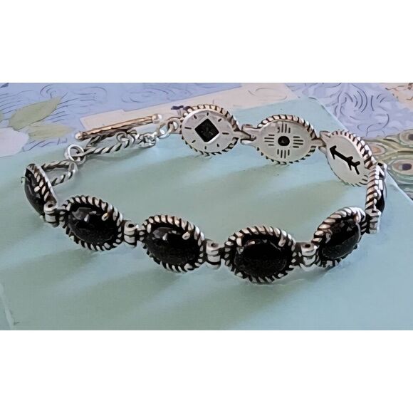 CAROLYN POLLACK Sterling Silver 9 Oval Genuine Onyx Reversible Link Bracelet - Picture 1 of 3